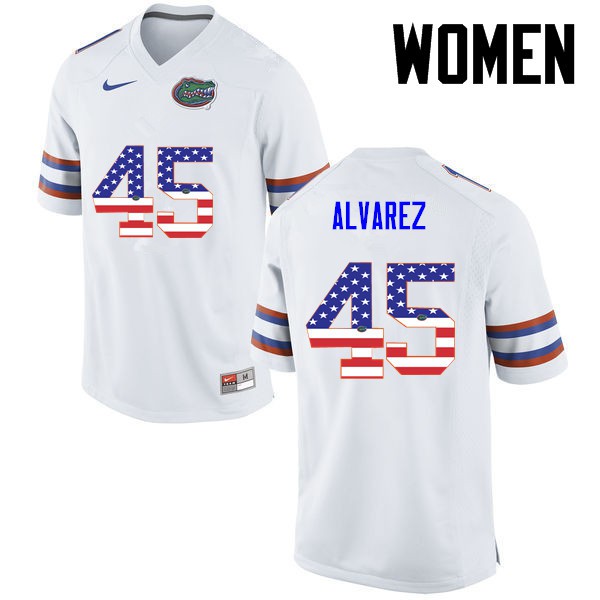 Florida Gators Women #45 Carlos Alvarez College Football Jersey USA Flag Fashion White